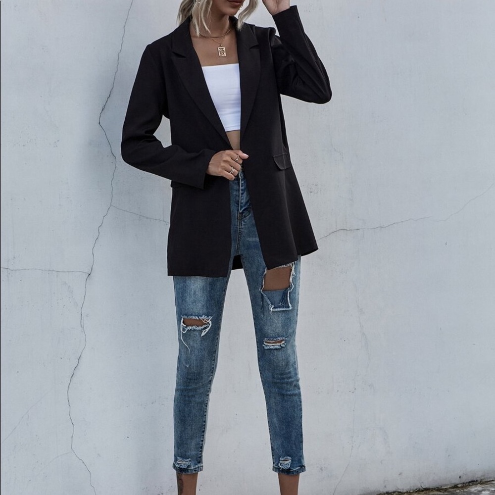 Black collar open front classic blazer work - Picture 10 of 11